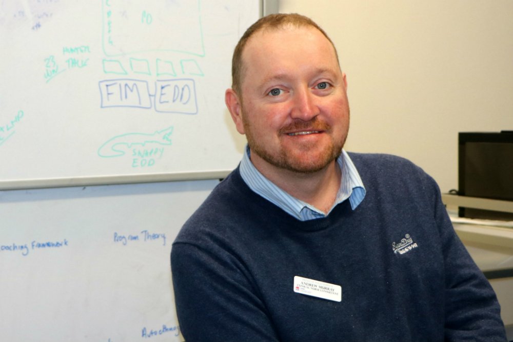 Man sitting in front of whiteboard